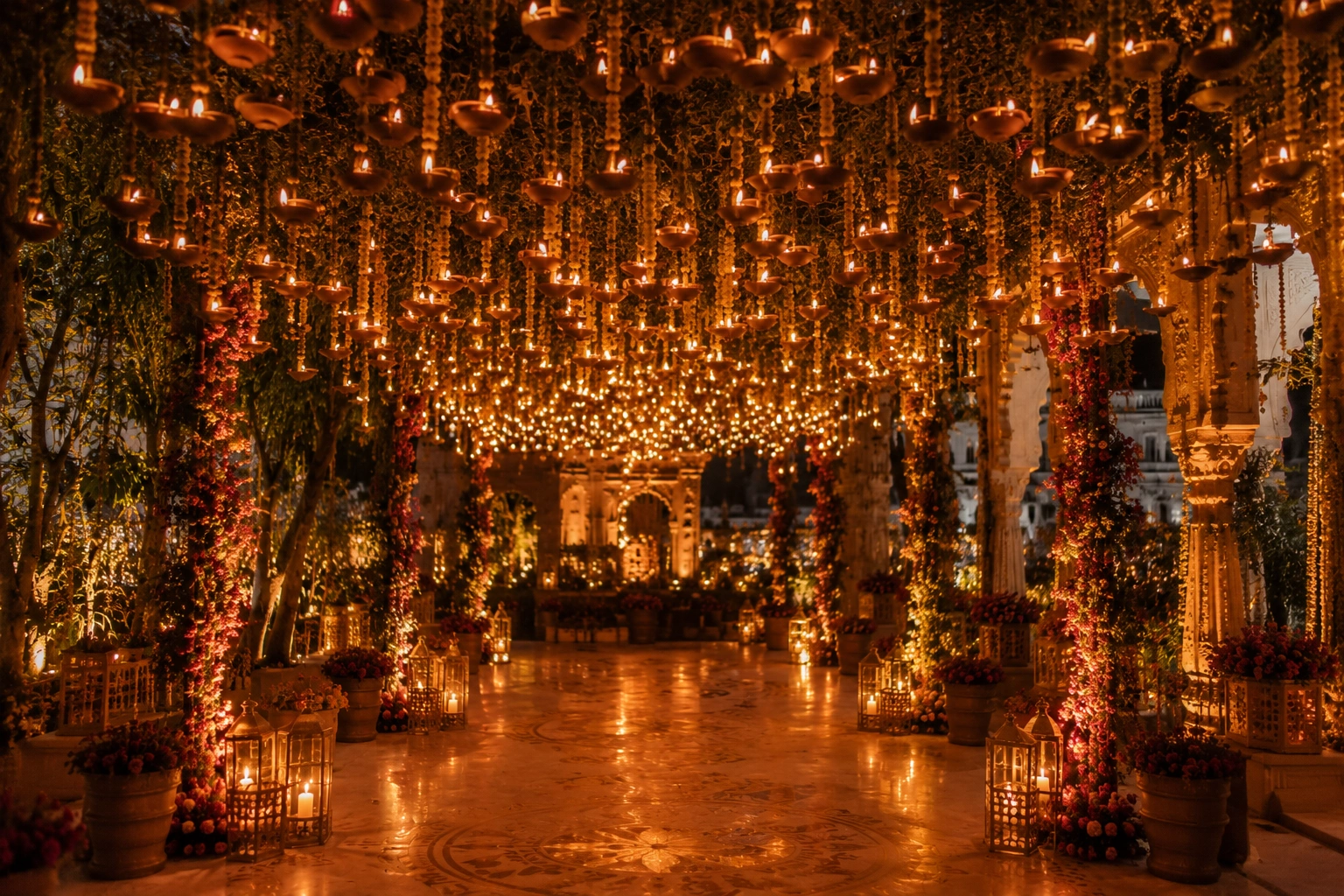 Magical Diya Canopy lighting installation in Mathura showcasing thousands of suspended oil lamps, warm ambient illumination, and luxurious Indian wedding lighting décor for an unforgettable evening celebration.
