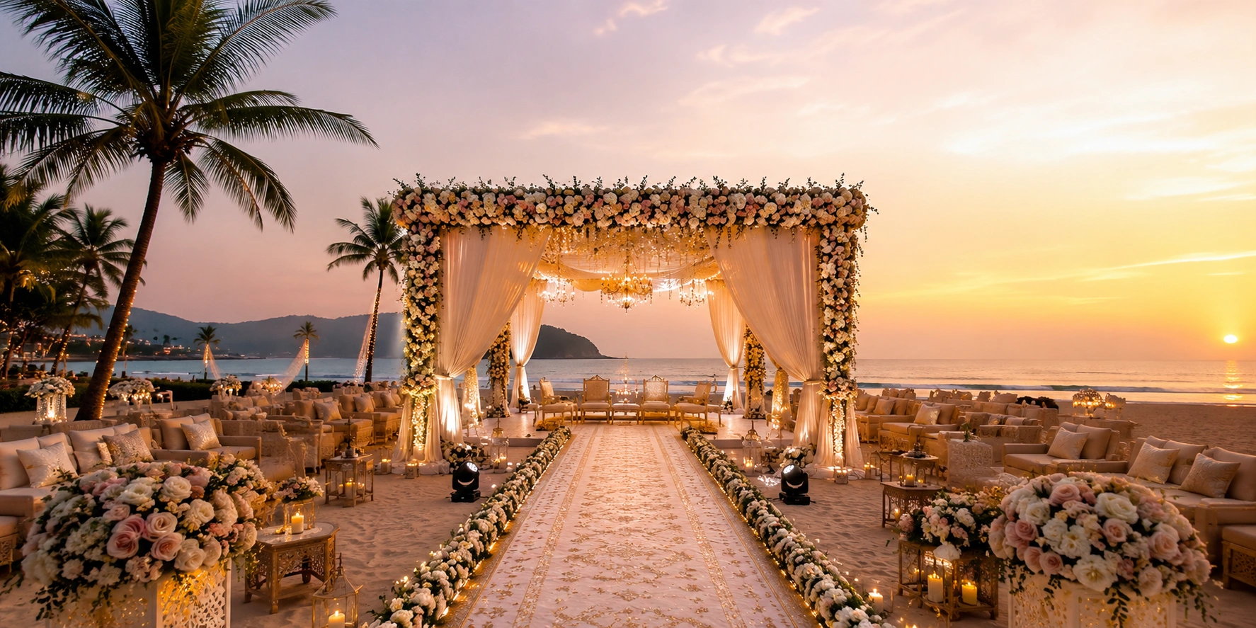 Lotus Grandeuré luxury beach destination wedding in Goa — open-air mandap on a tropical beachfront with cascading golden and white floral installation, sunset ocean backdrop, and a bespoke outdoor luxury wedding setup on the Goa coastline