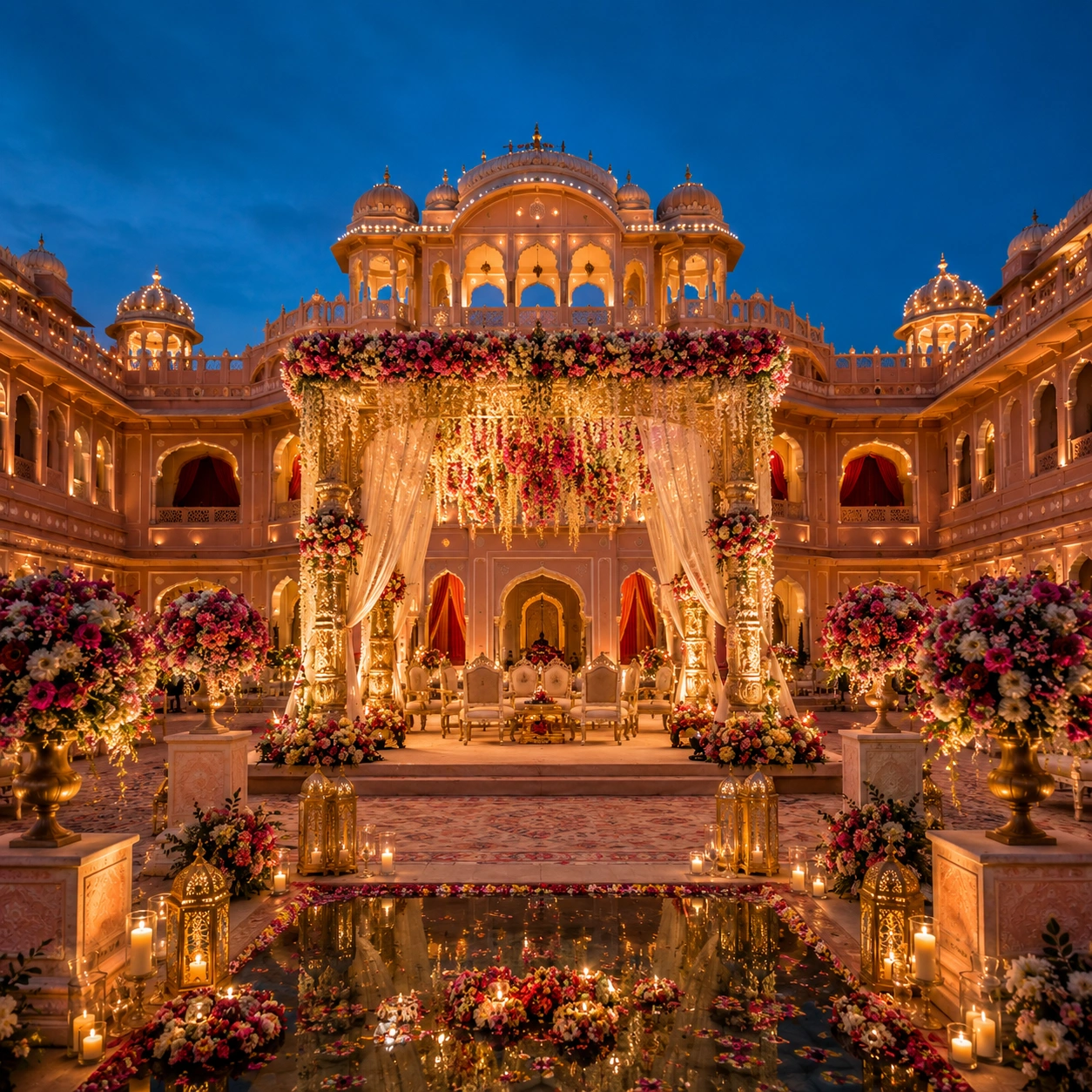 Lotus Grandeuré luxury destination wedding in Jaipur — palace outdoor ceremony with Mughal arch backdrop, ivory throne seating, cascading floral installation, and regal Rajasthani wedding décor