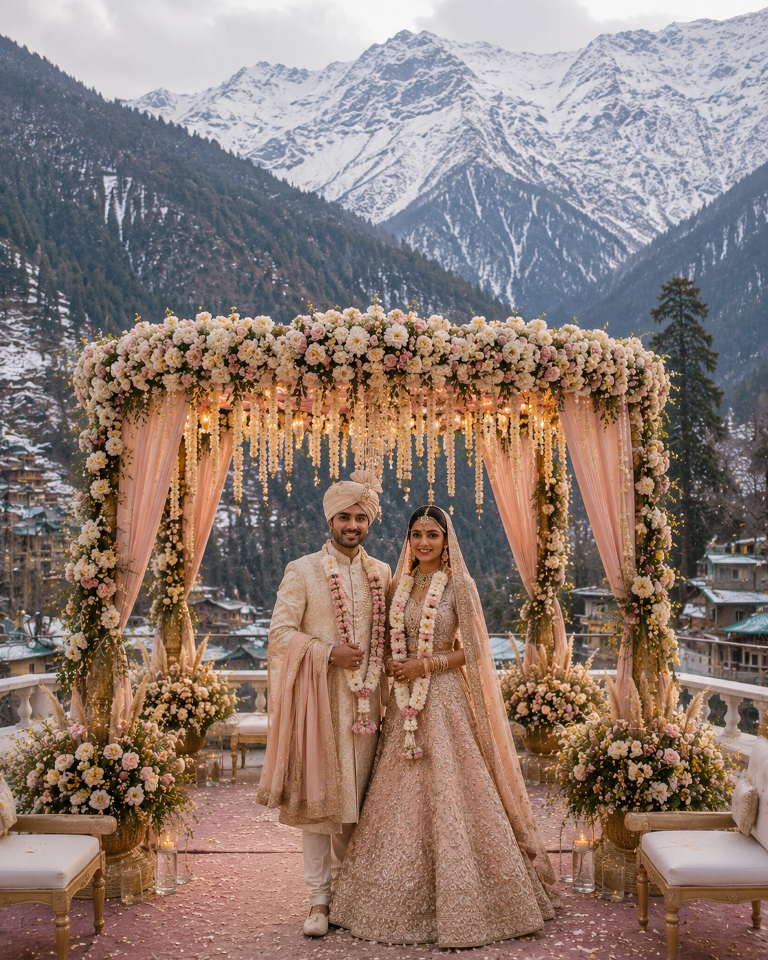 Luxury mountain destination wedding by Lotus Grandeure in Manali featuring an elegantly decorated floral mandap, snow-capped Himalayan peaks, intimate alpine celebrations, and a beautifully dressed Indian bride and groom.