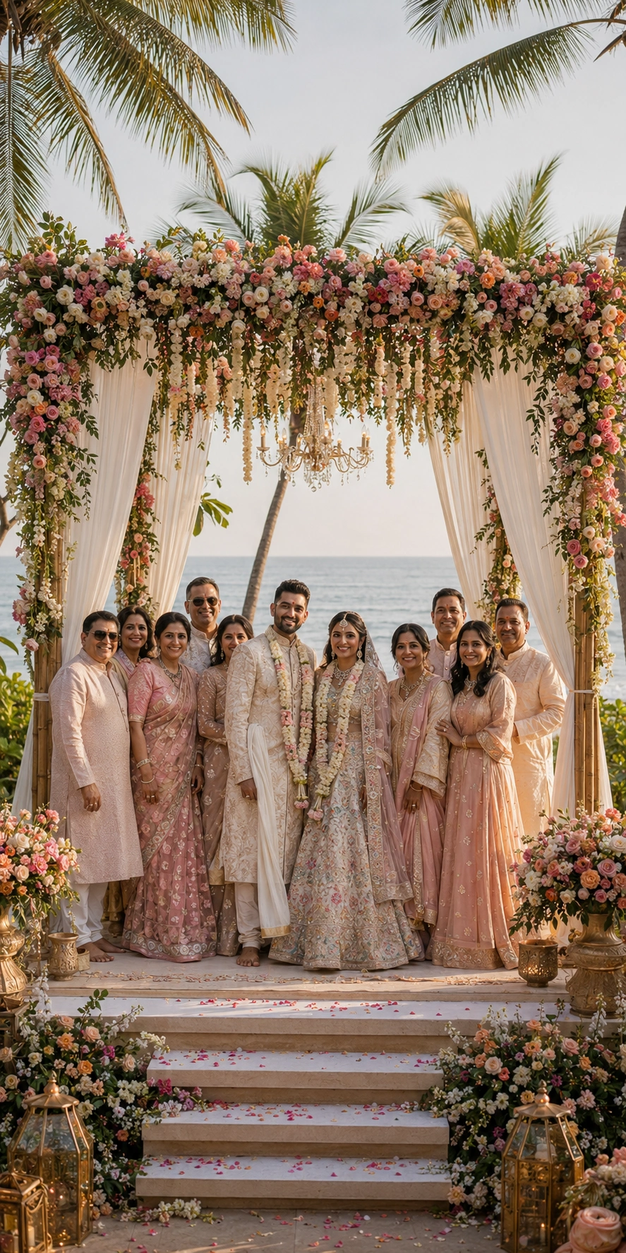 Luxury beach destination wedding by Lotus Grandeure in Goa featuring a tropical floral mandap, Arabian Sea backdrop, joyful family celebration, elegant bride and groom, and vibrant coastal wedding décor under natural sunlight.
