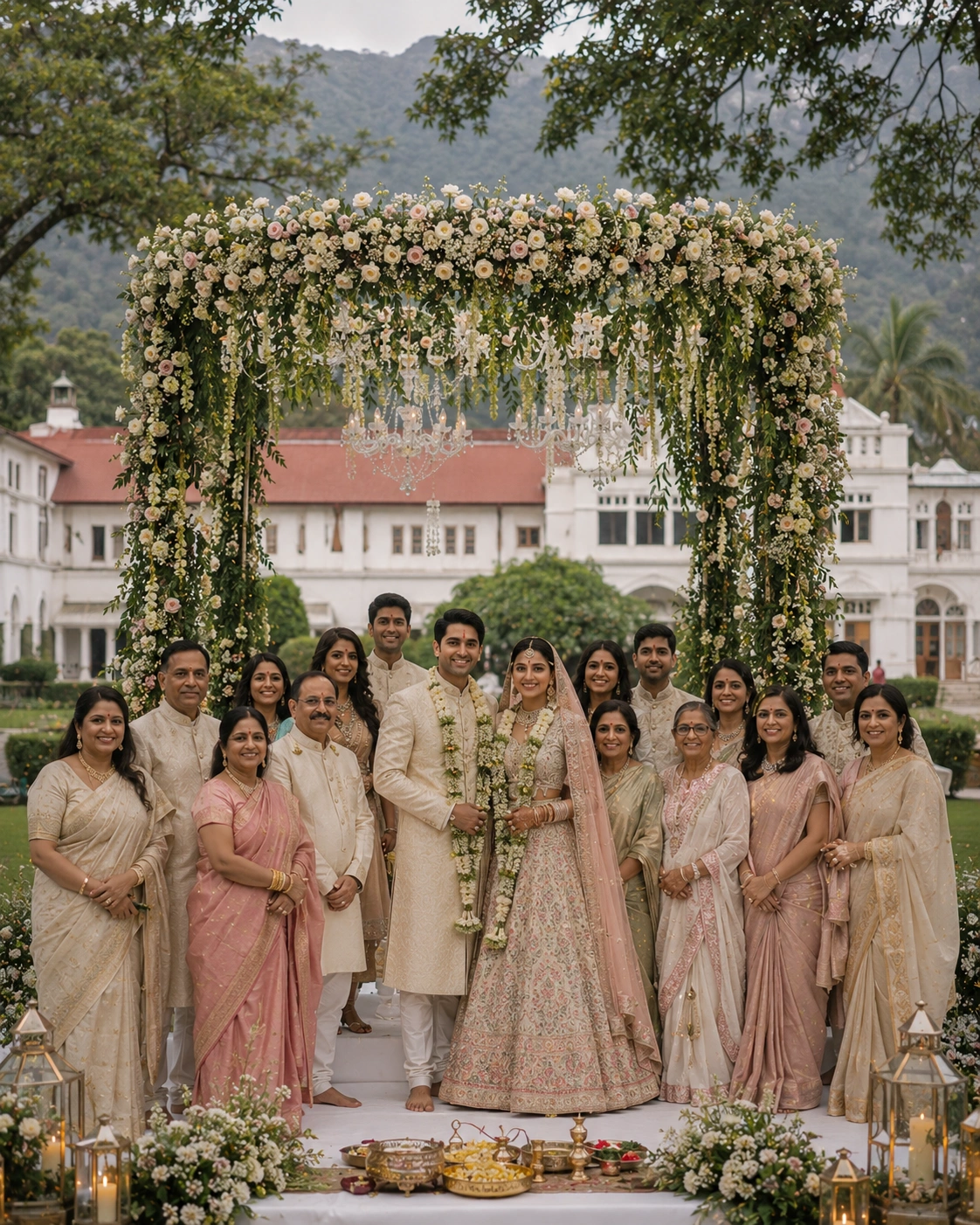 Elegant destination wedding by Lotus Grandeure in Dehradun featuring a colonial heritage estate, lush Himalayan foothills, a beautifully decorated floral mandap, family celebrations, and a romantic outdoor wedding ceremony.