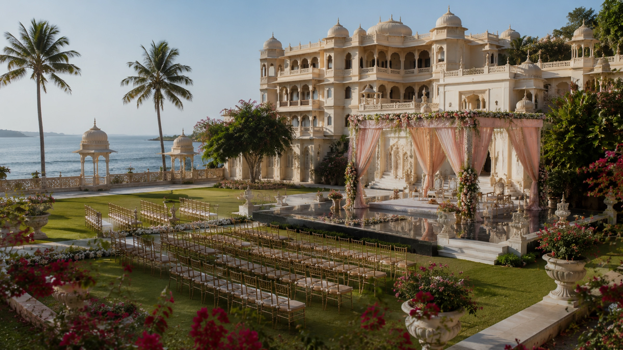 Breathtaking Indian destination wedding celebration by Lotus Grandeure set against a stunning heritage palace or scenic landscape backdrop, showcasing bespoke luxury destination wedding planning across India.