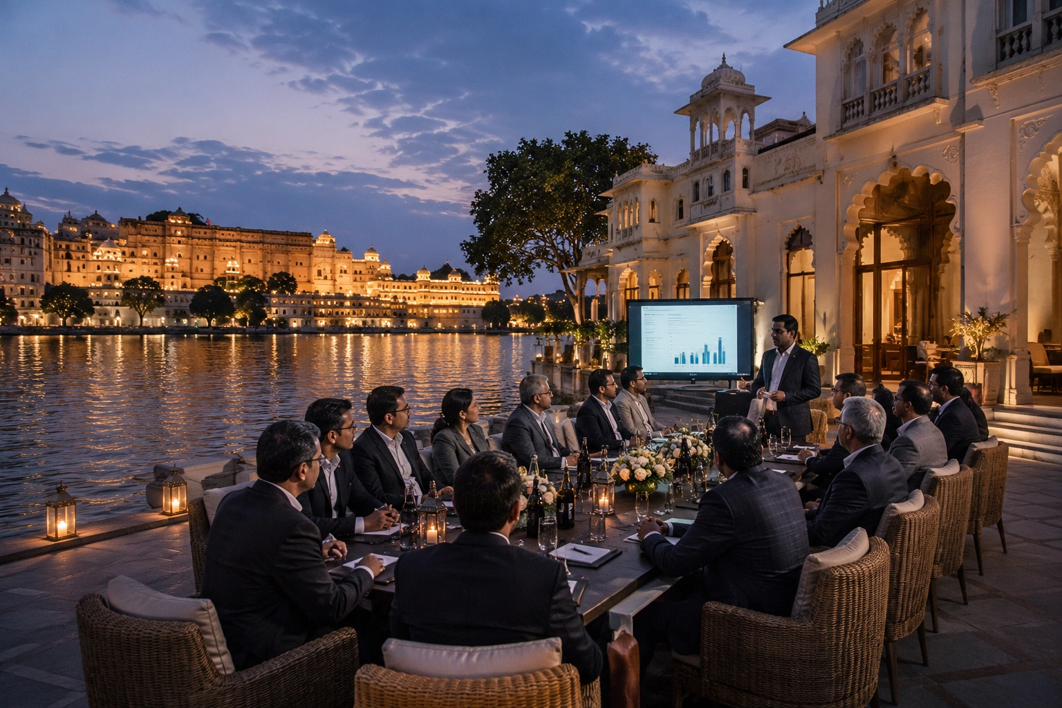 Executive leadership retreat in Udaipur for a Fortune 500 pharmaceutical company featuring C-suite strategy sessions, luxury lakeside meetings, heritage hospitality, and curated executive experiences by Lotus Grandeure.