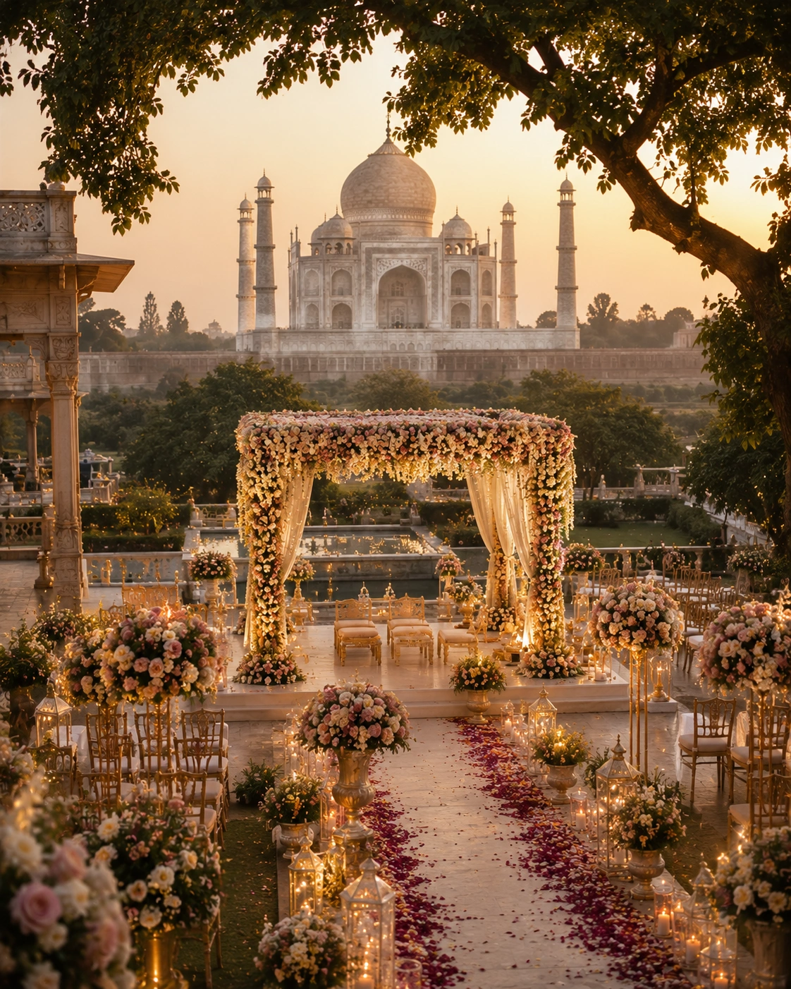 Luxury destination wedding by Lotus Grandeure in Agra featuring the Taj Mahal at golden hour, an opulent Mughal-inspired floral mandap, elegant wedding décor, and a romantic Indian wedding overlooking the world's greatest monument to love.