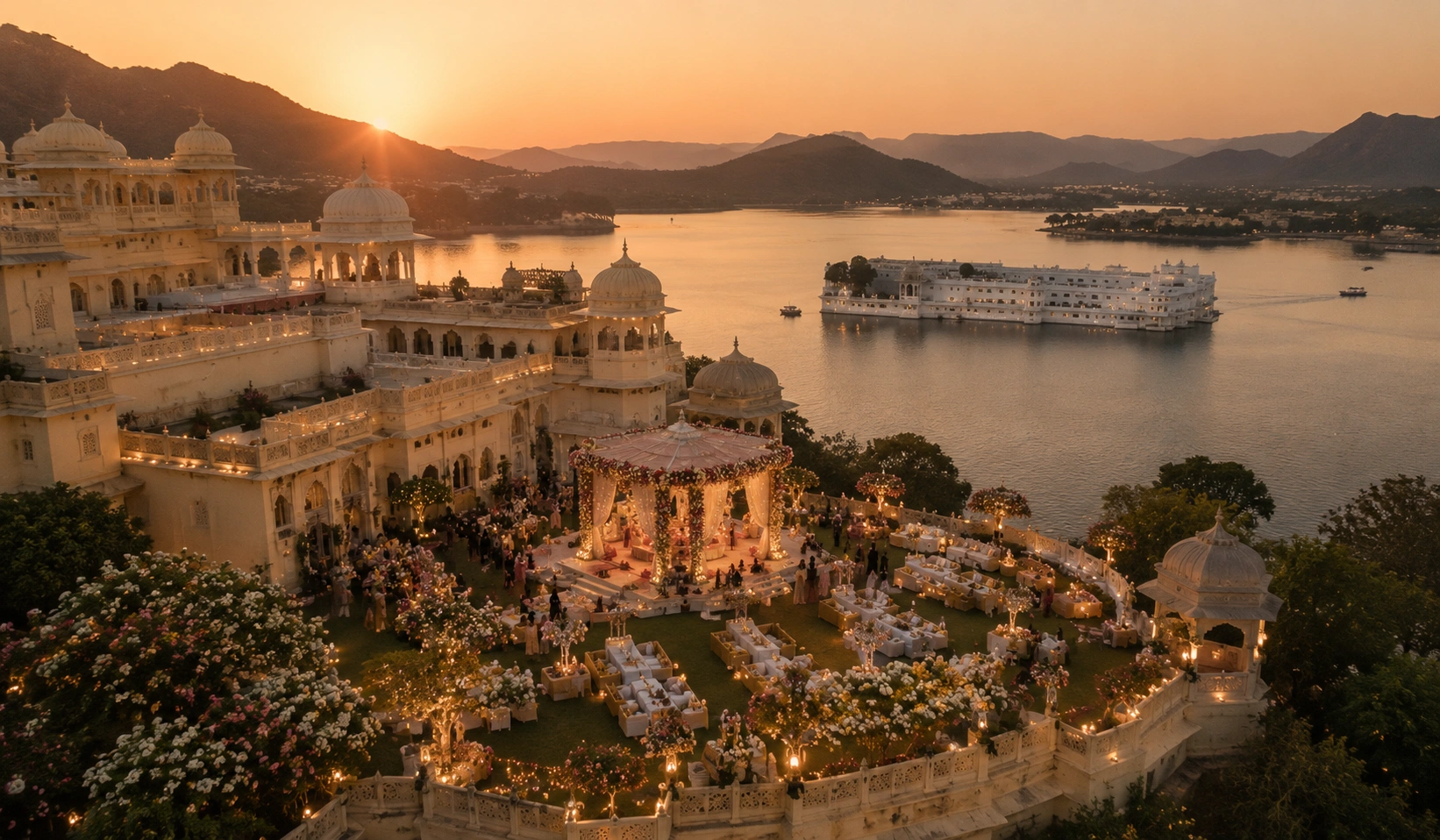 Breathtaking luxury destination wedding across India by Lotus Grandeure featuring a magnificent heritage palace or scenic landscape backdrop, opulent floral decor, and bespoke celebration design representing eight iconic Indian wedding destinations.
