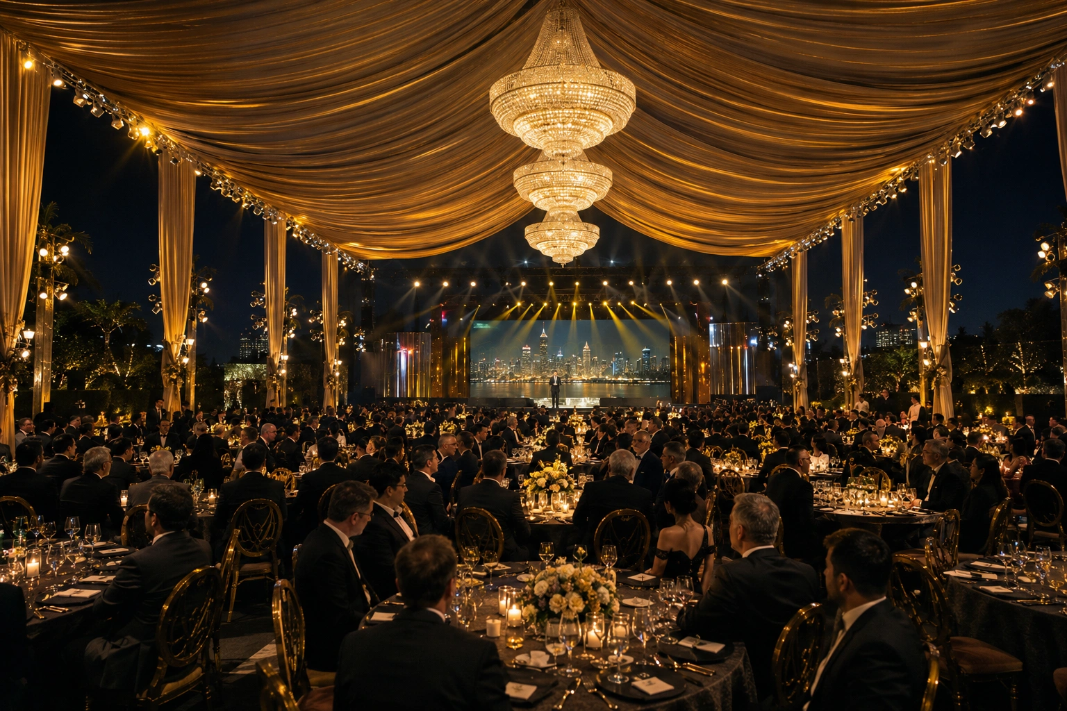 Elegant black-tie Investor Summit Gala for a Fortune 500 financial services company featuring a custom gold pavilion, luxury banquet setting, and institutional investors at an exclusive corporate event by Lotus Grandeure.