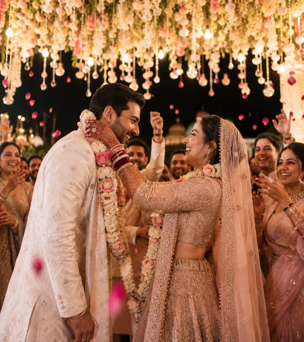 Joyful Jaimala ceremony featuring a smiling Indian bride and groom exchanging floral garlands surrounded by cheering family and guests at a luxury Indian wedding celebration.