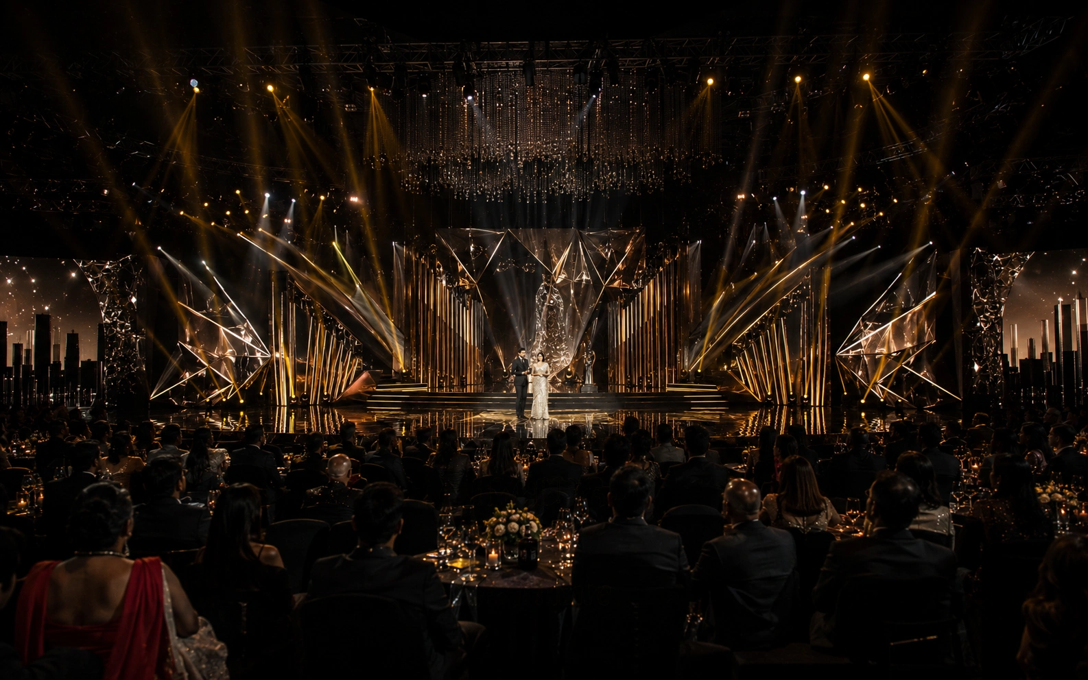 Opulent luxury award ceremony gala stage production in Jaipur featuring theatrical spotlight design, elegant celebrity seating, and a cinematic evening experience curated by Lotus Grandeure.
