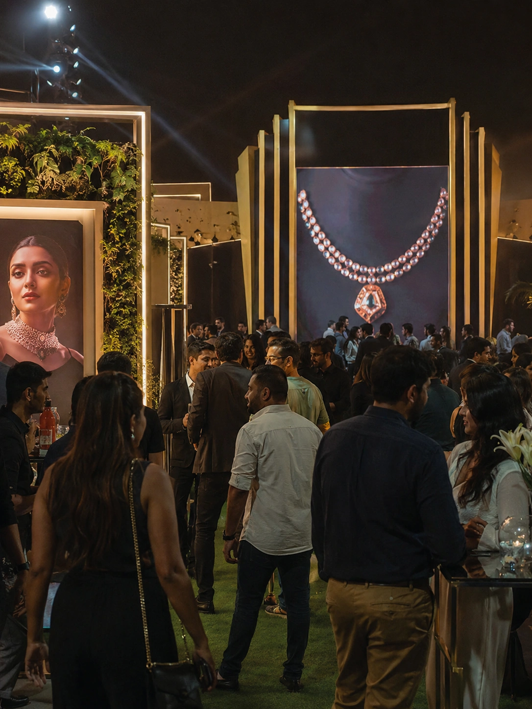 Luxury brand activation event by Lotus Grandeuré in India featuring an immersive experiential marketing installation, elegant event architecture, interactive LED walkway, premium lighting design, and Indian guests enjoying a high-end corporate brand experience captured in cinematic Canon DSLR quality