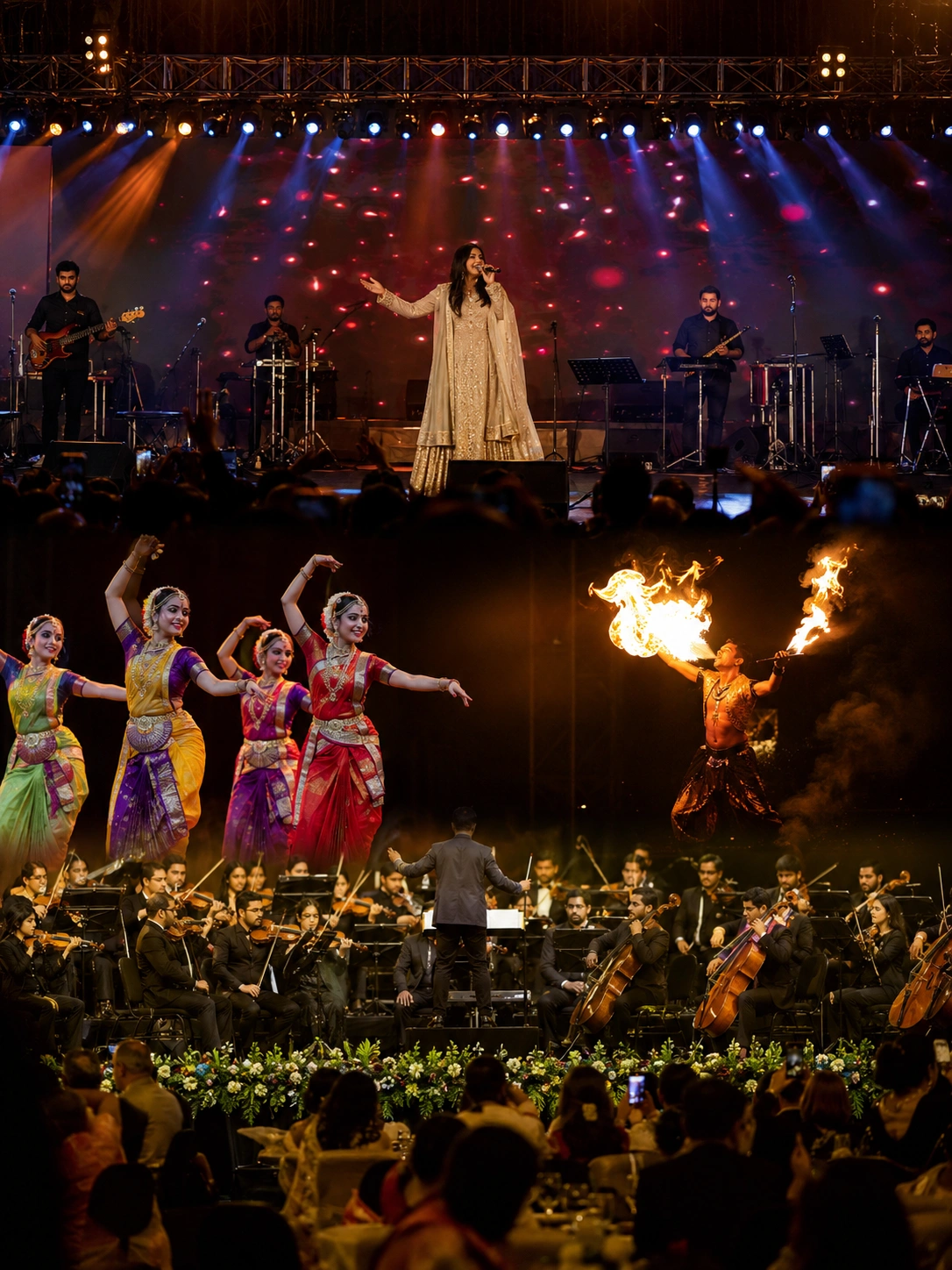Luxury entertainment events in India by Lotus Grandeuré featuring live Bollywood entertainment, Indian classical dance, a grand symphony orchestra, fire performers, immersive stage production, and an elegant audience at a high-end celebration, captured in a natural Canon DSLR documentary style with realistic cinematic lighting