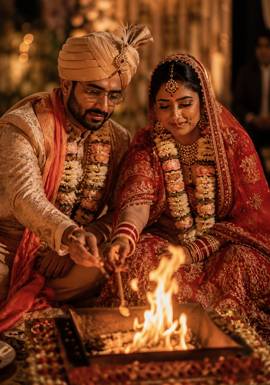 Sacred Hindu Phera ceremony with the Indian bride and groom taking wedding vows around the holy fire during a traditional luxury destination wedding.