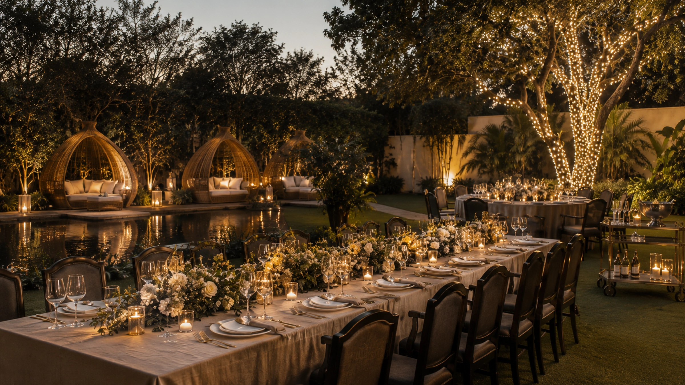 Intimate private soirée celebration by Lotus Grandeure featuring elegant ambient lighting, refined table styling, and an exclusive luxury gathering designed for discerning hosts in India.