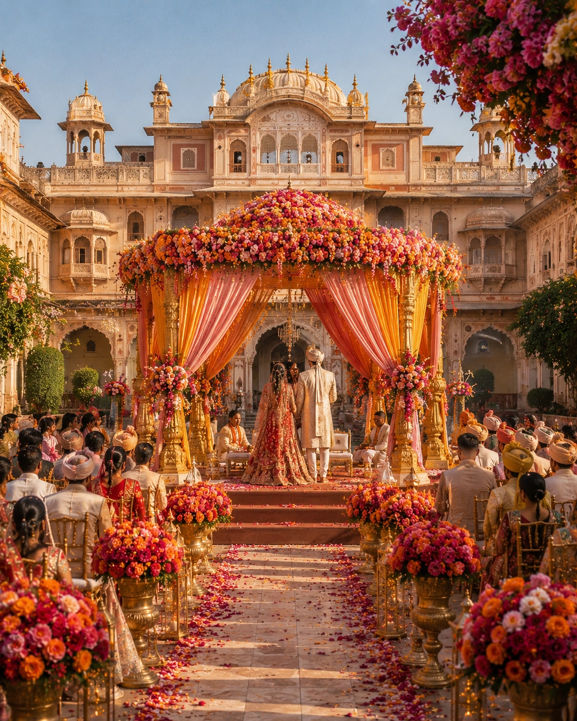 Royal palace destination wedding by Lotus Grandeure in Jaipur featuring majestic Rajput architecture, a lavish floral mandap, vibrant luxury décor, royal wedding celebrations, and timeless Rajasthani grandeur.