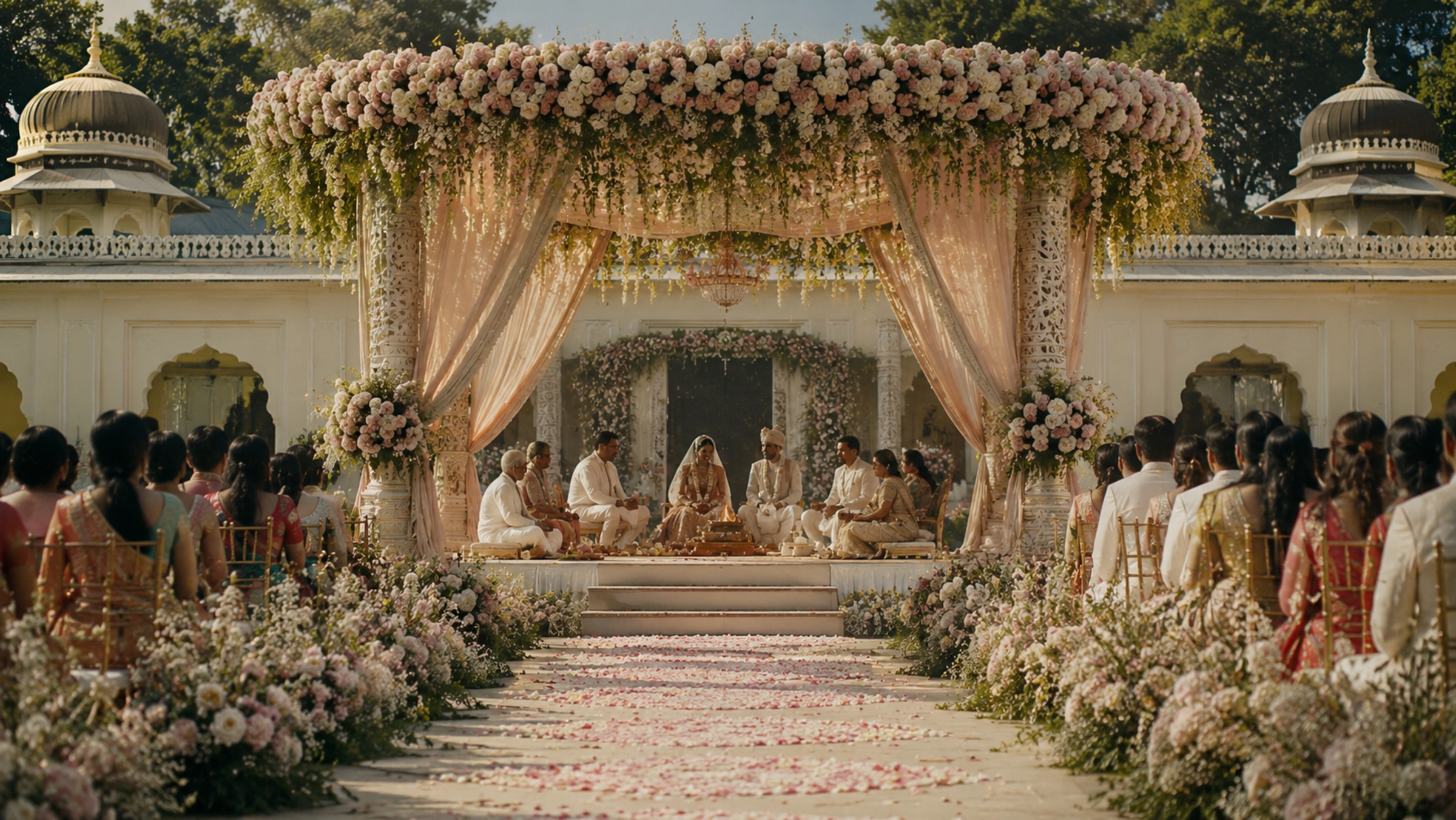 Majestic royal Indian wedding celebration by Lotus Grandeure featuring a grand floral mandap, opulent ceremonial decor, and sacred ritual grandeur representing the crown jewel of luxury Indian wedding planning.
