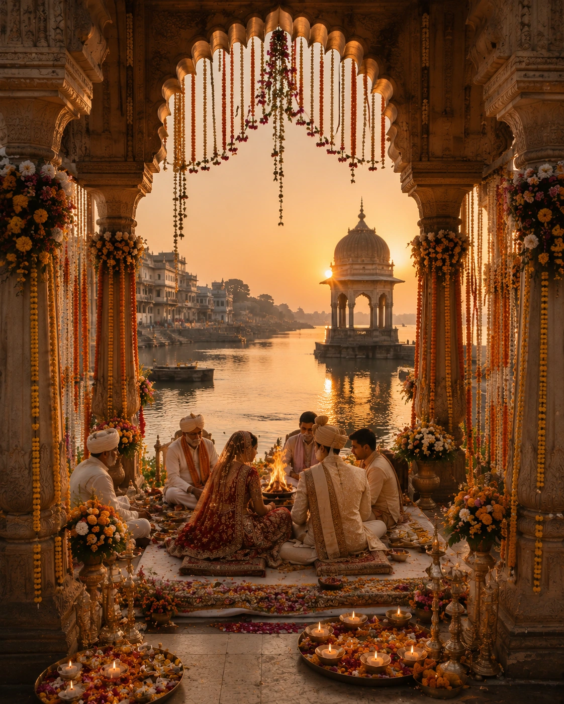 Lotus Grandeure heritage destination wedding in Sacred Mathura featuring a beautifully decorated riverside mandap, sacred Vedic rituals, Yamuna Ghat at sunset, and an intimate Indian wedding surrounded by spiritual heritage.