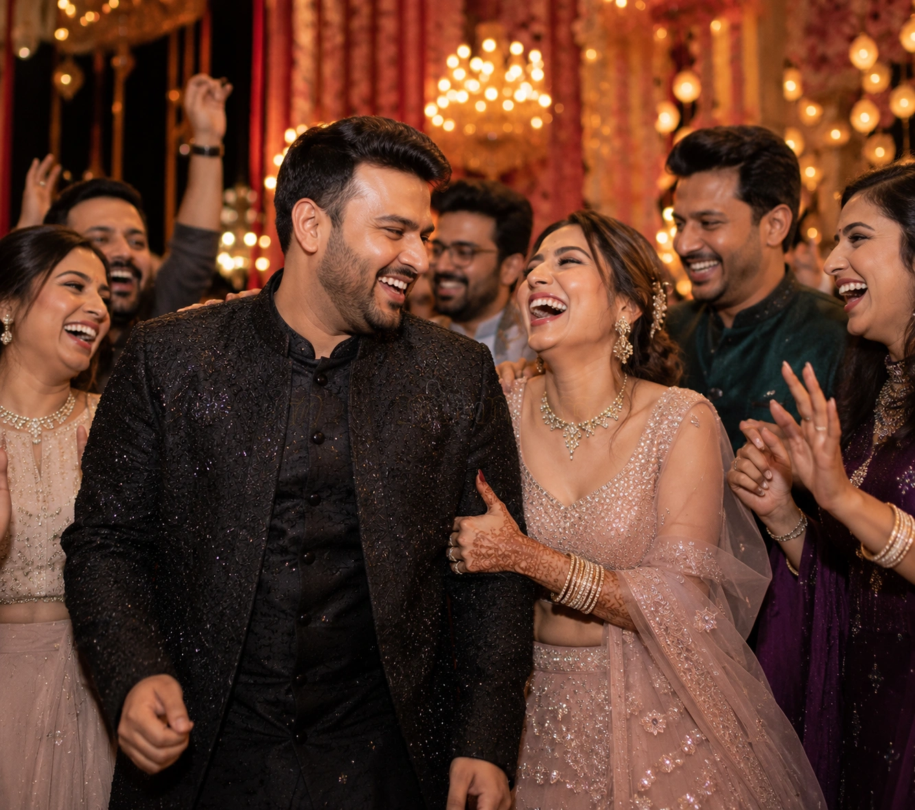 Candid Sangeet celebration with the Indian bride, groom, friends, and family sharing joyful laughter during an elegant luxury wedding evening filled with music and festivities.