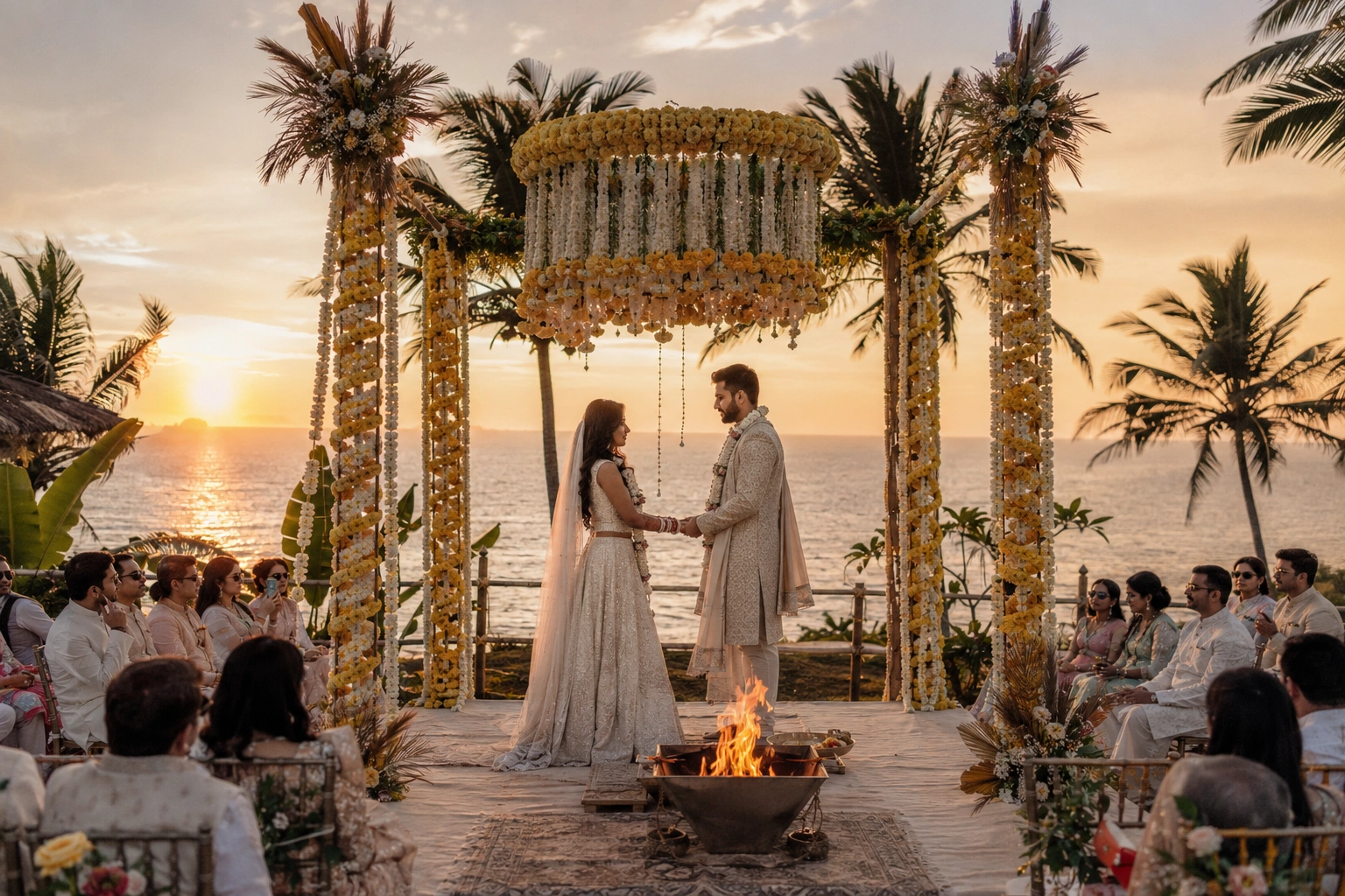 Luxury destination wedding at Vagator Goa with a breathtaking Arabian Sea sunset, marigold and jasmine floral mandap, Indian bride and groom in elegant wedding attire, and a romantic clifftop Hindu wedding ceremony.