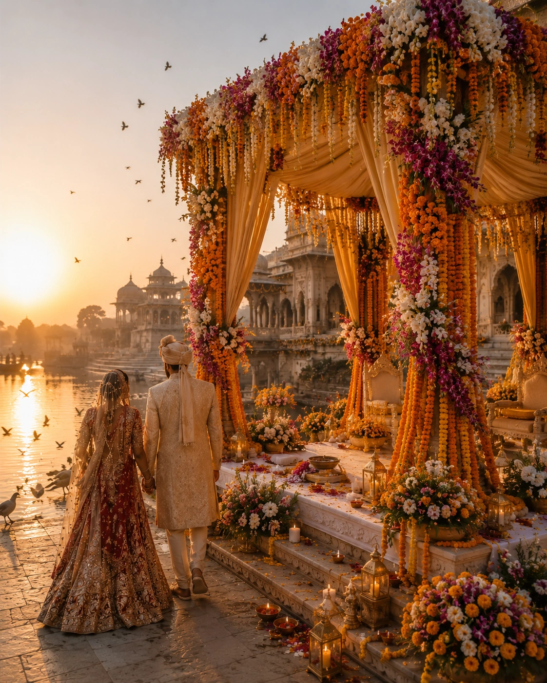 Luxury destination wedding by Lotus Grandeure in Vrindavan featuring a magnificent marigold and orchid mandap beside the sacred Yamuna Ghats, timeless temple architecture, and a spiritually inspired Indian wedding celebration.