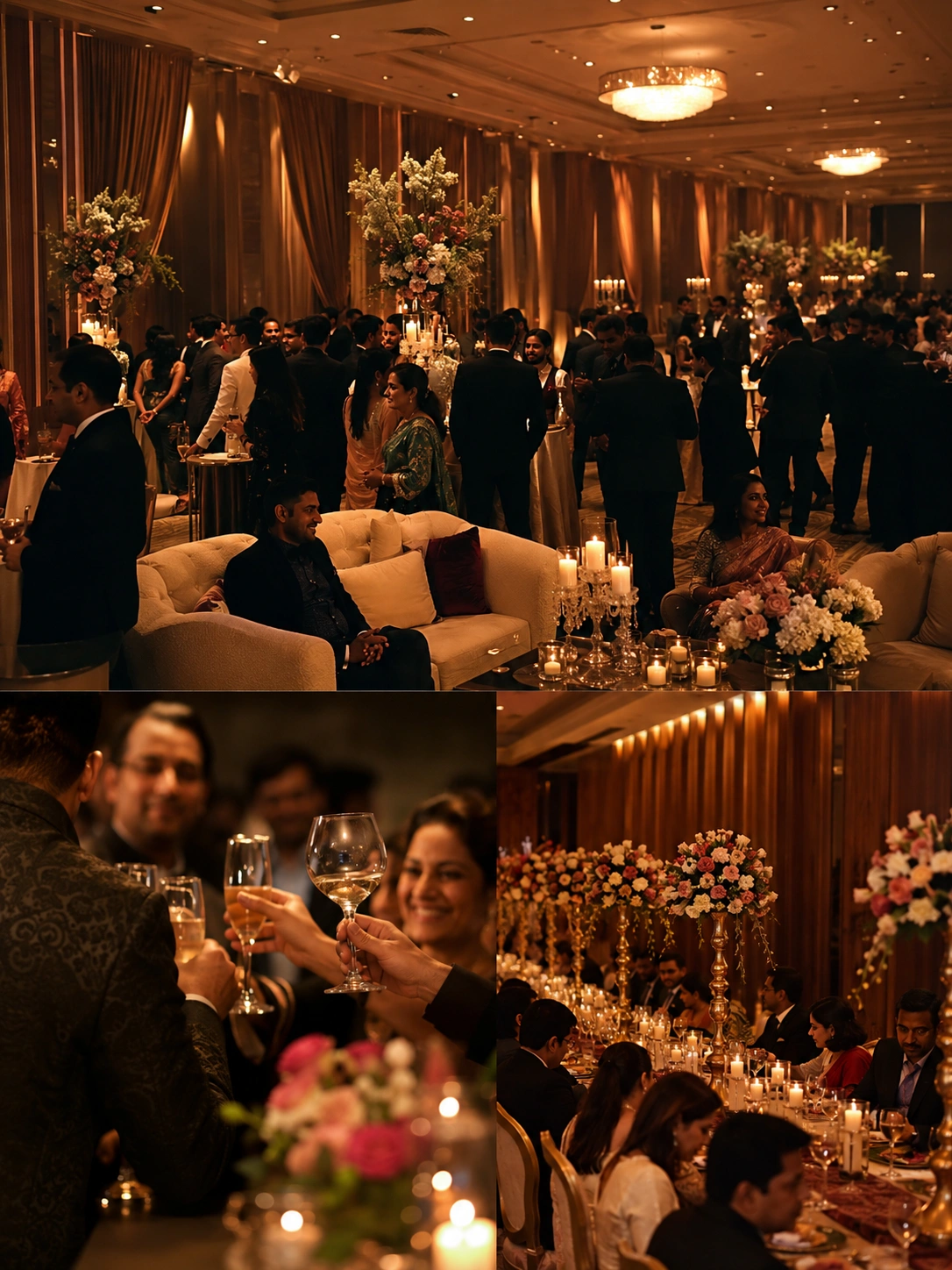 Ultra-luxury private soirée hosted in a grand Indian corporate banquet hall featuring elegant décor, sophisticated ambience, and distinguished Indian guests celebrating an intimate premium event with natural Canon DSLR photography style