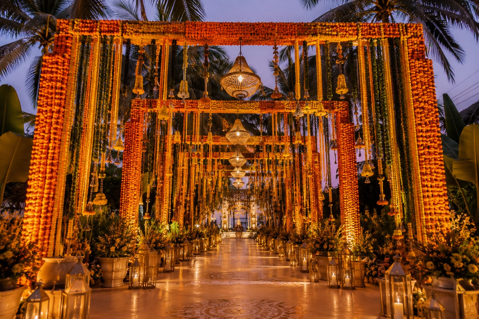 Grand Marigold Corridor entrance in Goa featuring luxurious floral arches, hanging marigold garlands, elegant lanterns, tropical palms, and a breathtaking destination wedding entry experience.