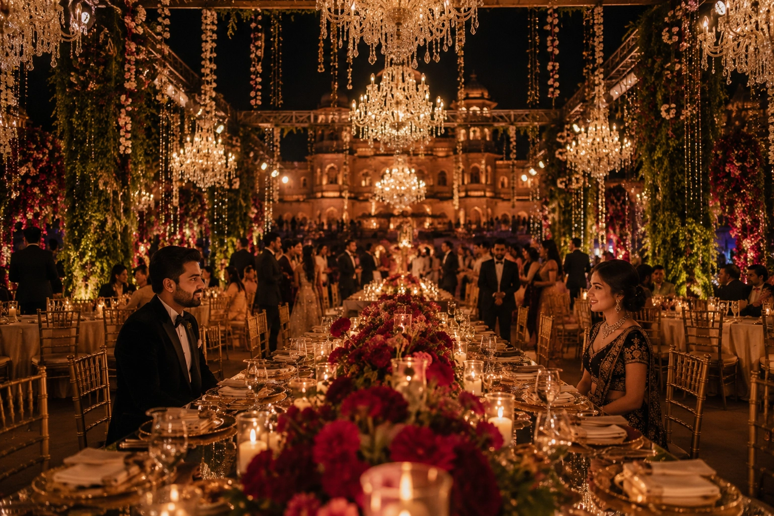 Opulent midnight banquet tablescape in Jaipur featuring luxury wedding table styling with crystal chandeliers, candlelit centerpieces, premium floral arrangements, and elegant royal reception décor.