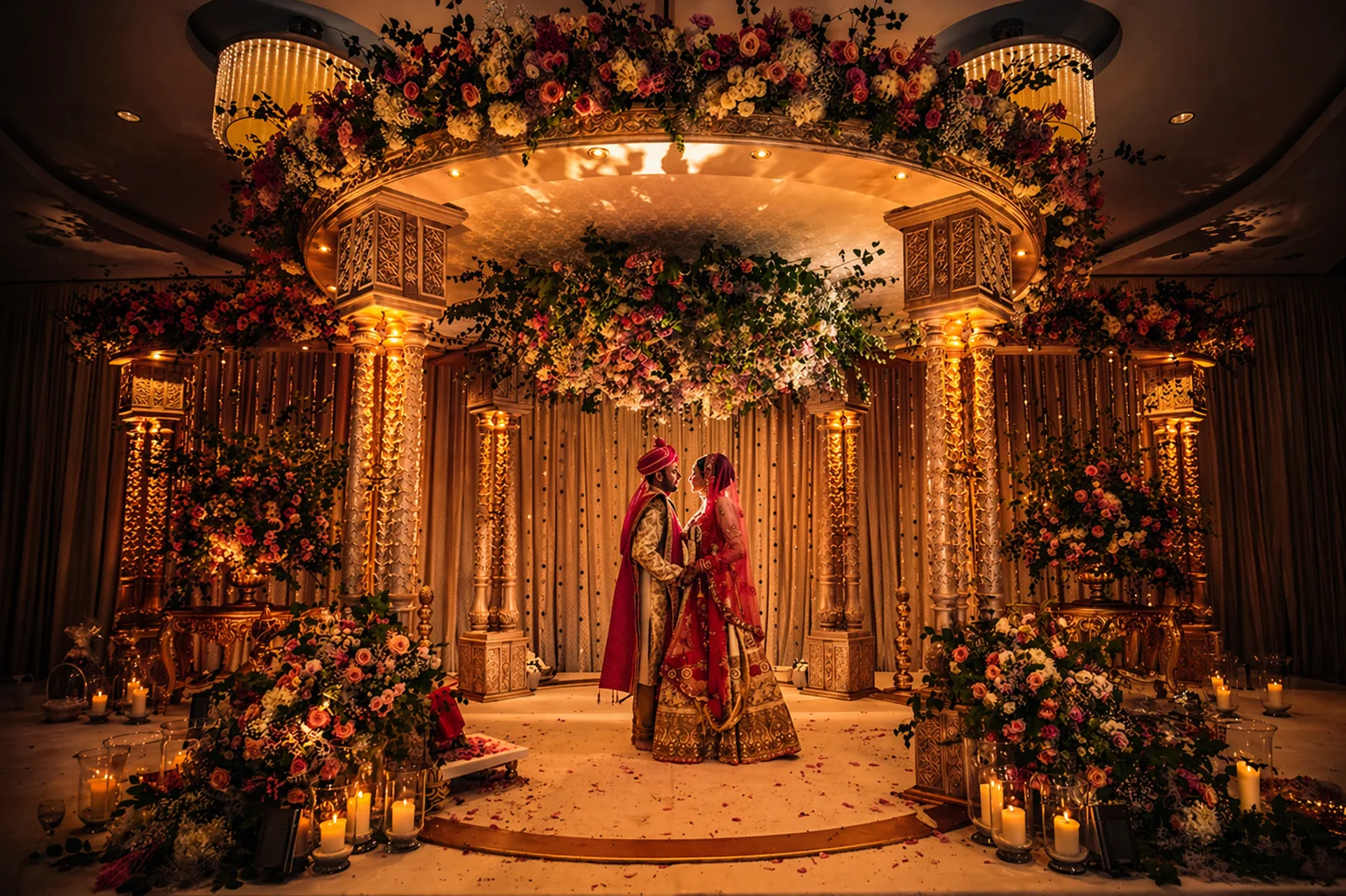 An opulent floral mandap decor with a royal couple, featuring intricate gold pillars and cinematic lighting by Lotus Grandeuré, the premier luxury wedding planner in Vrindavan.