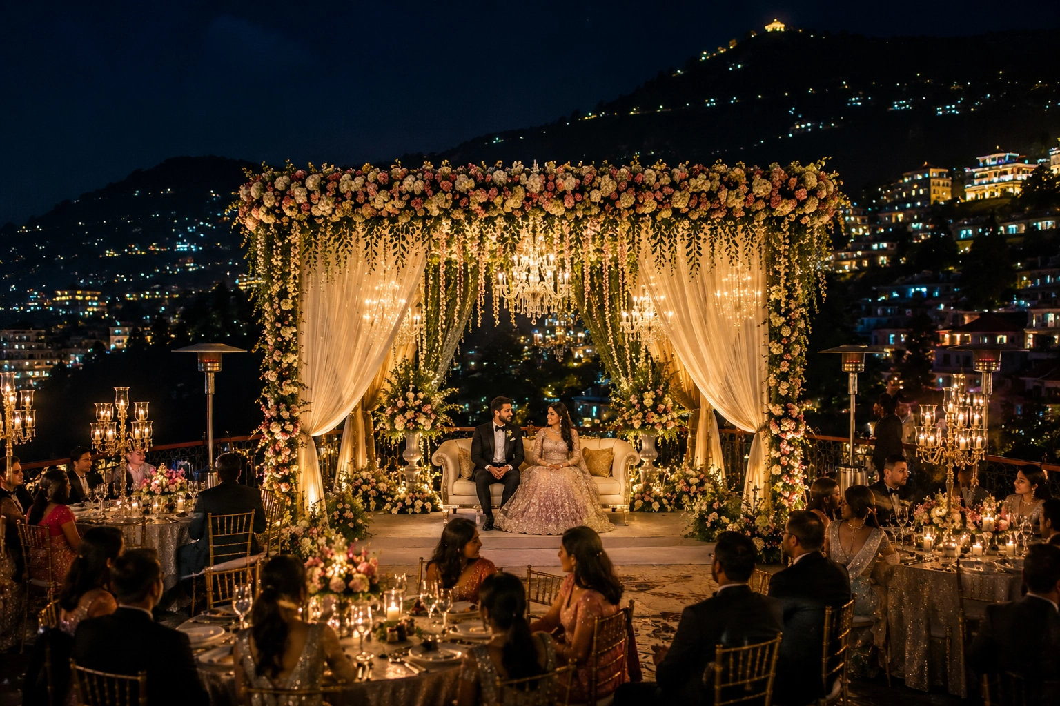Lotus Grandeuré luxury destination wedding in Shimla — Himalayan mountain wedding ceremony with floral arch mandap, white and green floral installation set against pine forest and colonial hill station backdrop